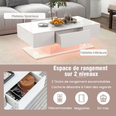 Table Basse LED Moderne Table Basse Laquée Salon Rectangulaire à 2 Niveaux avec 2 Tiroirs de Rangement Blanc