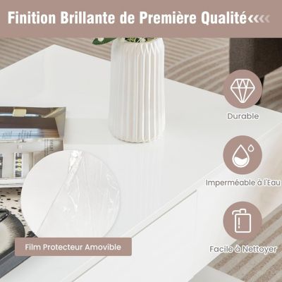 Table Basse LED Moderne Table Basse Laquée Salon Rectangulaire à 2 Niveaux avec 2 Tiroirs de Rangement Blanc