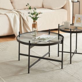 Table basse Lier avec plateau rond en verre trempé de 5 mm métal 61 x 40 cm noir en.casa