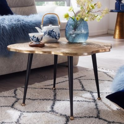 Table Basse Métal 64x64x37 cm Or Petite Table de Salon Disque d'arbre FineBuy