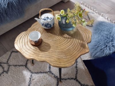 Table Basse Métal 64x64x37 cm Or Petite Table de Salon Disque d'arbre FineBuy