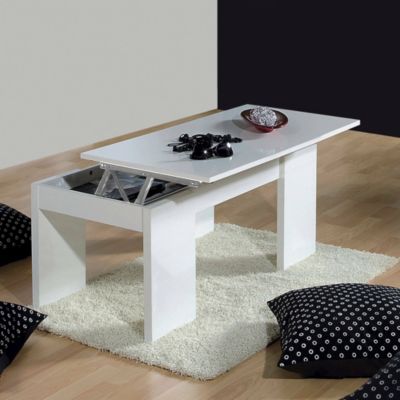 Table basse Malibu, Table basse avec plateau relevable, Table basse de salon, 100x50h43/84 cm, Blanc brillant