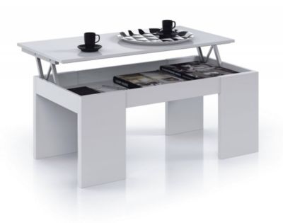 Table basse Malibu, Table basse avec plateau relevable, Table basse de salon, 100x50h43/84 cm, Blanc brillant