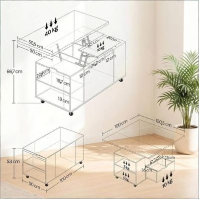 Table basse mobile plateau relevable avec tiroir rangement caché ...