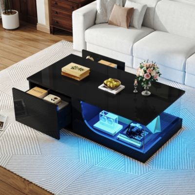 Table Basse - Moderne avec 2 Tiroirs et Double Rangement, Verre Trempé + MDF Design Contemporain - 100x50x30 cm - Noir