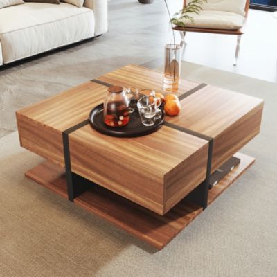 Table Basse Moderne avec 4 Tiroirs - design Unique avec Lignes Décoratives - Panneaux de Particules Solides, Naturel - 78x78x36 cm