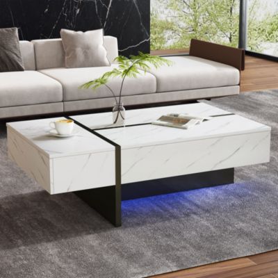 Table basse moderne blanche avec LED, motif marbre, 3 tiroirs, 105x60x35cm, design original