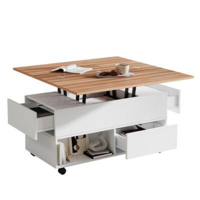 Table Basse Multifonction 100x50cm, 4 Tiroirs/Roulettes, Réglable, Blanc/Bois