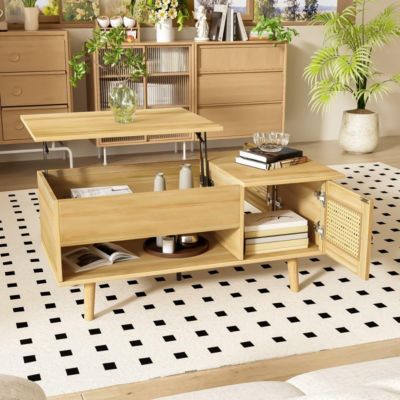 Table Basse multifonctionnelle avec Plateau relevable et Porte en rotin, 103 x 50 x 46