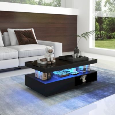 Table basse noir brillant 95x50x42, 5 cm - 4 plaques de verre, 2 tiroirs, 2 compartiments ouverts, salon