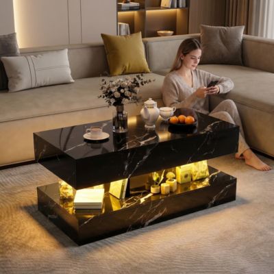 Table Basse Noire Effet Marbre avec LED RGB, Table de Salon avec Tiroir de Rangement