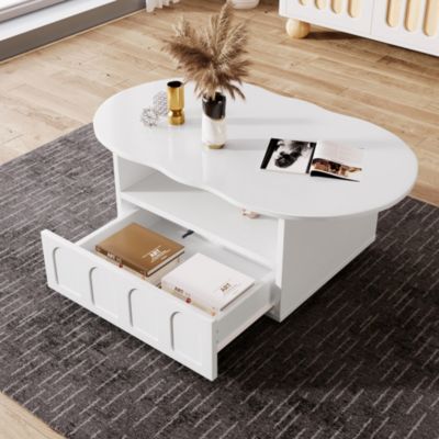 Table Basse Nuage,Tiroir et Compartiments de Rangement, Fonctionnelle et Pratique, Panneau de Particules, Blanc, 100x60x39,2 cm