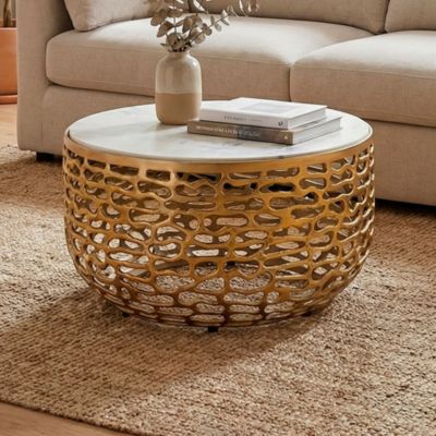 Table basse Or design en métal plateau marbre blanc table de salon ronde 60cm FineBuy