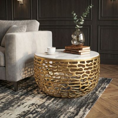 Table basse Or design en métal plateau marbre blanc table de salon ronde 60cm FineBuy