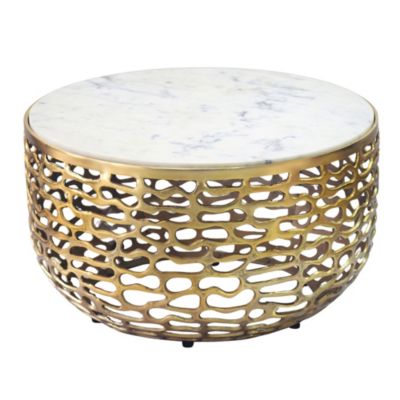 Table basse Or design en métal plateau marbre blanc table de salon ronde 60cm FineBuy