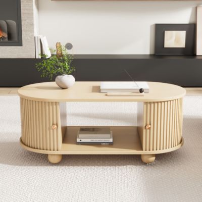 Table basse ovale 100 cm en MDF décor bois avec rangement et portes coulissantes