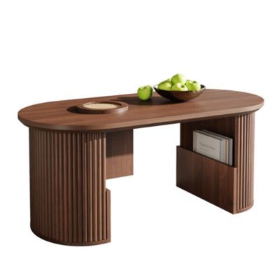 Table basse ovale 105 cm en MDF noyer avec rangements ouverts