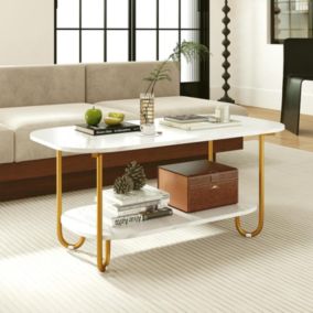 Table Basse Ovale à 2 Niveaux 100x50x45CM-Plateau en Faux Marbre et Etagère Ouverte-Charge 50+25KG-4 Patins de Protection