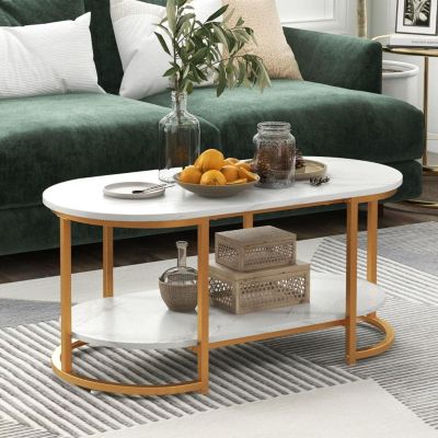 Table Basse Ovale à 2 Niveaux Moderne Plateau en Faux Marbre Blanc Cadre Métal Doré