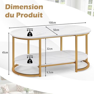 Table Basse Ovale à 2 Niveaux Moderne Plateau en Faux Marbre Blanc Cadre Métal Doré