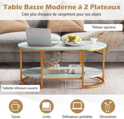 Table Basse Ovale à 2 Niveaux Moderne Plateau en Faux Marbre Blanc Cadre Métal Doré