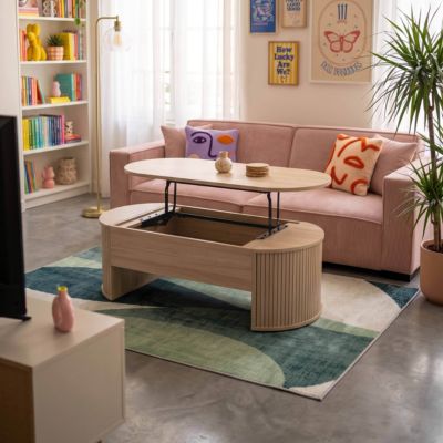 Table basse ovale avec plateau relevable effet bois clair  Oviala