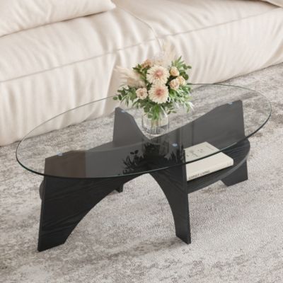 Table Basse Ovale avec Surface en Verre Sécurisé et Pied MDF Noir - design Moderne pour Salon ou Bureau