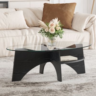 Table Basse Ovale avec Surface en Verre Sécurisé et Pied MDF Noir - design Moderne pour Salon ou Bureau