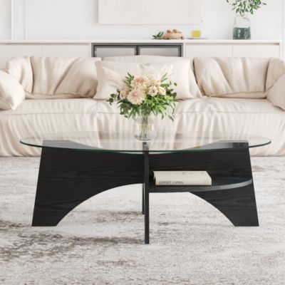 Table Basse Ovale avec Surface en Verre Sécurisé et Pied MDF Noir - design Moderne pour Salon ou Bureau