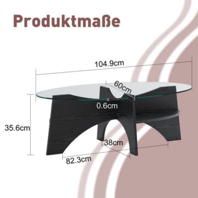 Table Basse Ovale avec Surface en Verre Sécurisé et Pied MDF Noir - design Moderne pour Salon ou Bureau