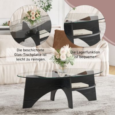 Table Basse Ovale avec Surface en Verre Sécurisé et Pied MDF Noir - design Moderne pour Salon ou Bureau