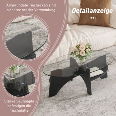 Table Basse Ovale avec Surface en Verre Sécurisé et Pied MDF Noir - design Moderne pour Salon ou Bureau