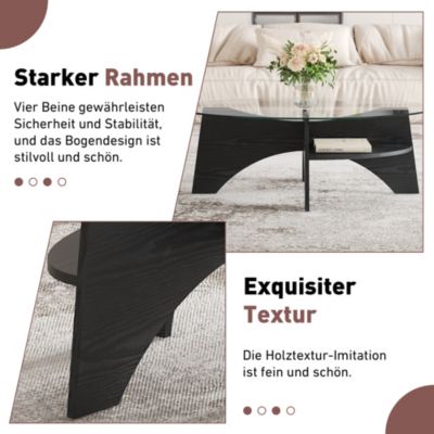 Table Basse Ovale avec Surface en Verre Sécurisé et Pied MDF Noir - design Moderne pour Salon ou Bureau