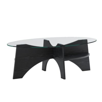 Table Basse Ovale avec Surface en Verre Sécurisé et Pied MDF Noir - design Moderne pour Salon ou Bureau