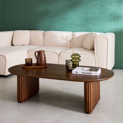 Table basse ovale bois d'hévéa placage chêne teinte noyer - L 122 x P 65 x H 35 cm - Gabrielle