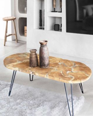 Table basse ovale en puzzle de teck - Uniqka