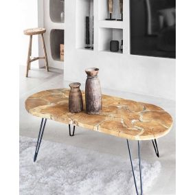 Table basse ovale en puzzle de teck - Uniqka