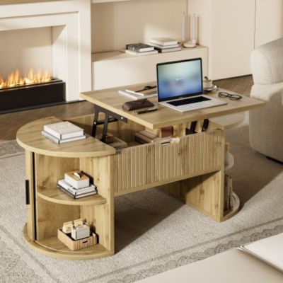 Table basse ovale relevable 100x50x40.5 cm - Étagères ouvertes et rangement dissimulé - 2 portes coulissantes - MDF - Naturel