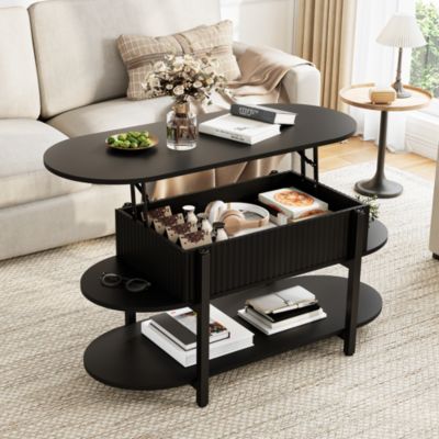 Table basse ovale relevable 106cm noir mat, lames verticales, vérin gaz, 2 étagères, pieds métal style industriel moderne