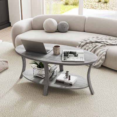 Table Basse Ovale Salon, en Caoutchouc avec Étagère de Rangement, 2 Niveaux pour Bureau, Charge 160KG, 111 x 60,5 x 47 cm (Gris)