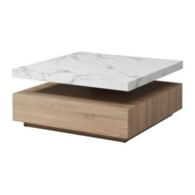 Table basse pivotante avec 1 tiroir en MDF - Effet marbre blanc et Naturel - KYRIA