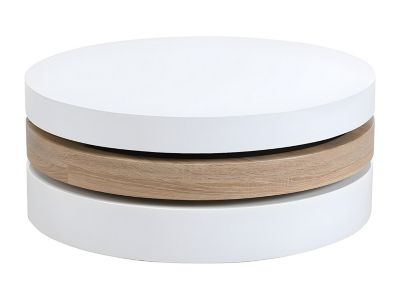 Table basse pivotante ronde avec 1 niche en MDF - Blanc et naturel clair - JANITA