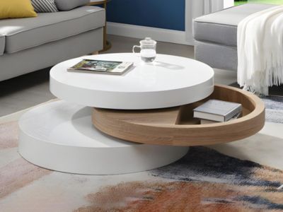 Table basse pivotante ronde avec 1 niche en MDF - Blanc et naturel clair - JANITA