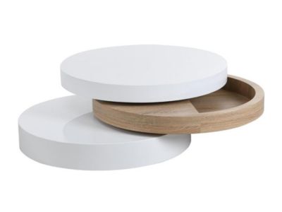 Table basse pivotante ronde avec 1 niche en MDF - Blanc et naturel clair - JANITA