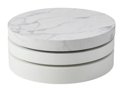 Table basse pivotante ronde avec 1 niche en MDF - Effet marbre blanc et blanc laqué - JANITA