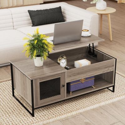 Table Basse à Plateau Relevable-104X55X58CM-Table de Salon avec Tiroir Rangement Caché Charge Maxi. 60KG-Gris