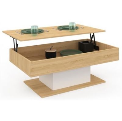 Table Basse Plateau Relevable Bois et Blanc