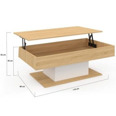 Table Basse Plateau Relevable Bois et Blanc