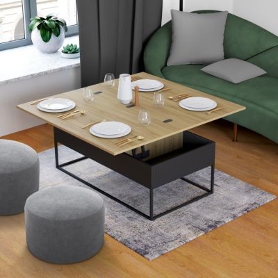 Table basse plateau relevable rectangulaire convertible en table à manger BOSTON 100 cm design industriel