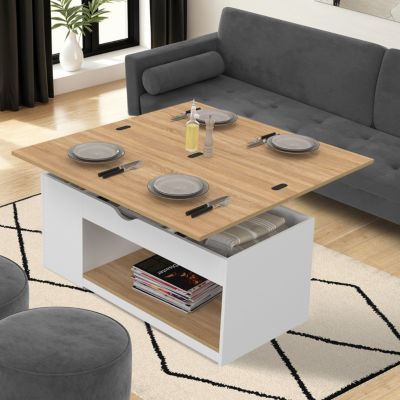 Table basse plateau relevable rectangulaire convertible en table à manger ELEA 100 cm bois blanc et façon hêtre